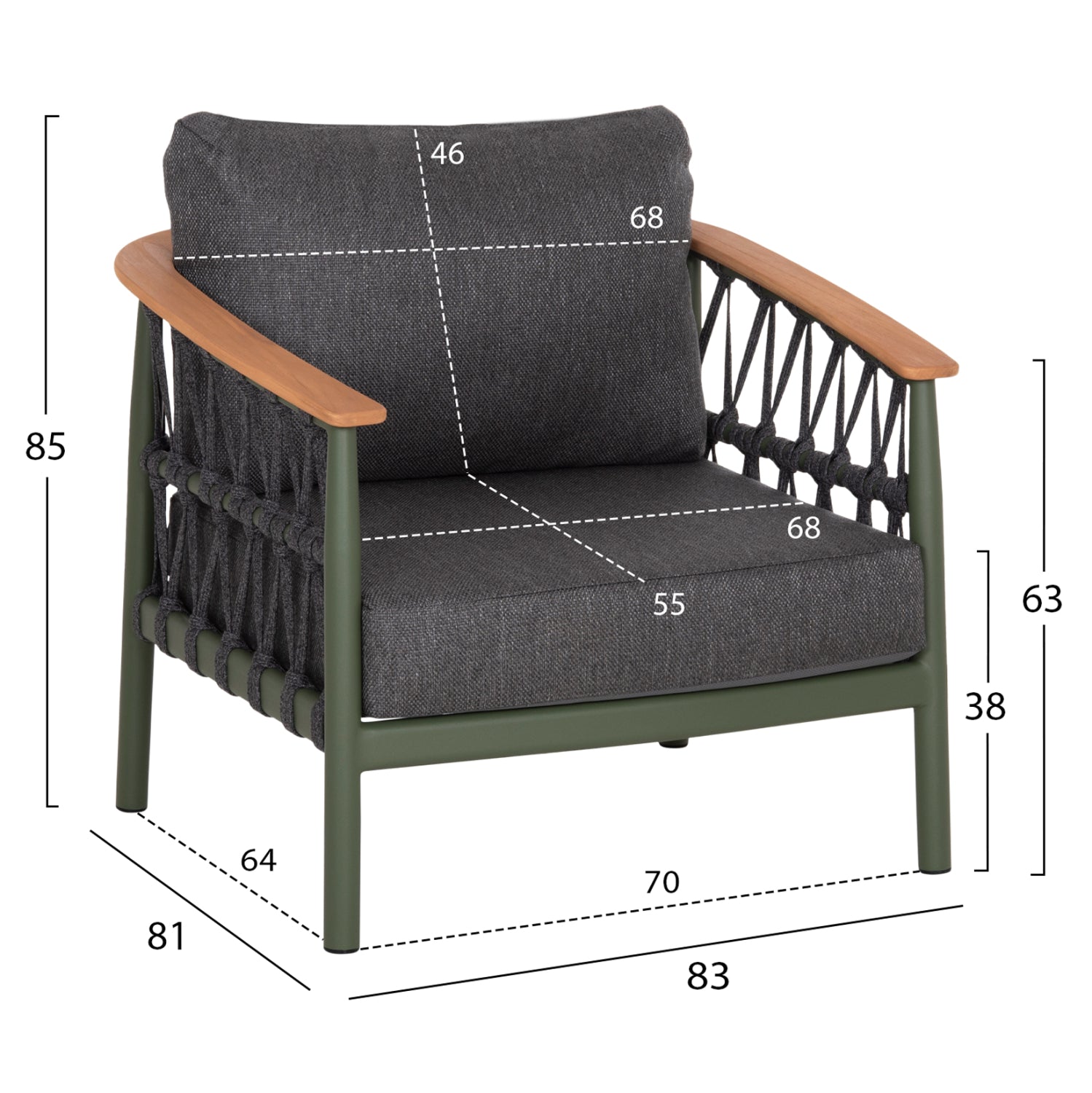 OUTDOOR LOUNGE SET 5PCS STREAM HM6426.07 ALUMINUM IN GREEN-DARK GREY STRAP ROPE & OLEFIN FABRIC