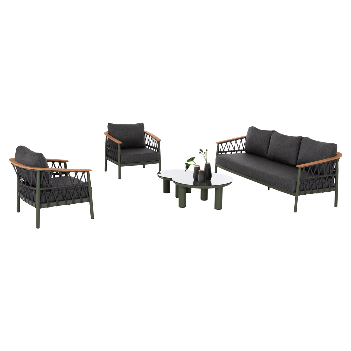 OUTDOOR LOUNGE SET 5PCS STREAM HM6426.07 ALUMINUM IN GREEN-DARK GREY STRAP ROPE & OLEFIN FABRIC