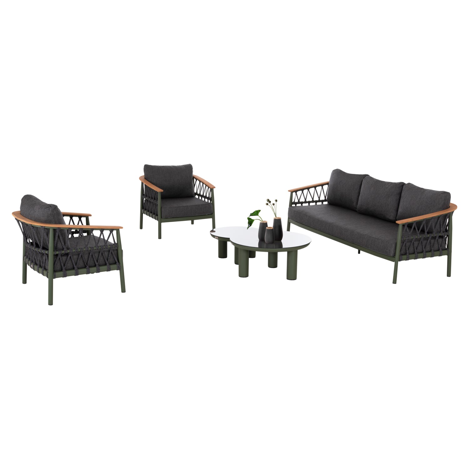 OUTDOOR LOUNGE SET 5PCS STREAM HM6426.07 ALUMINUM IN GREEN-DARK GREY STRAP ROPE & OLEFIN FABRIC