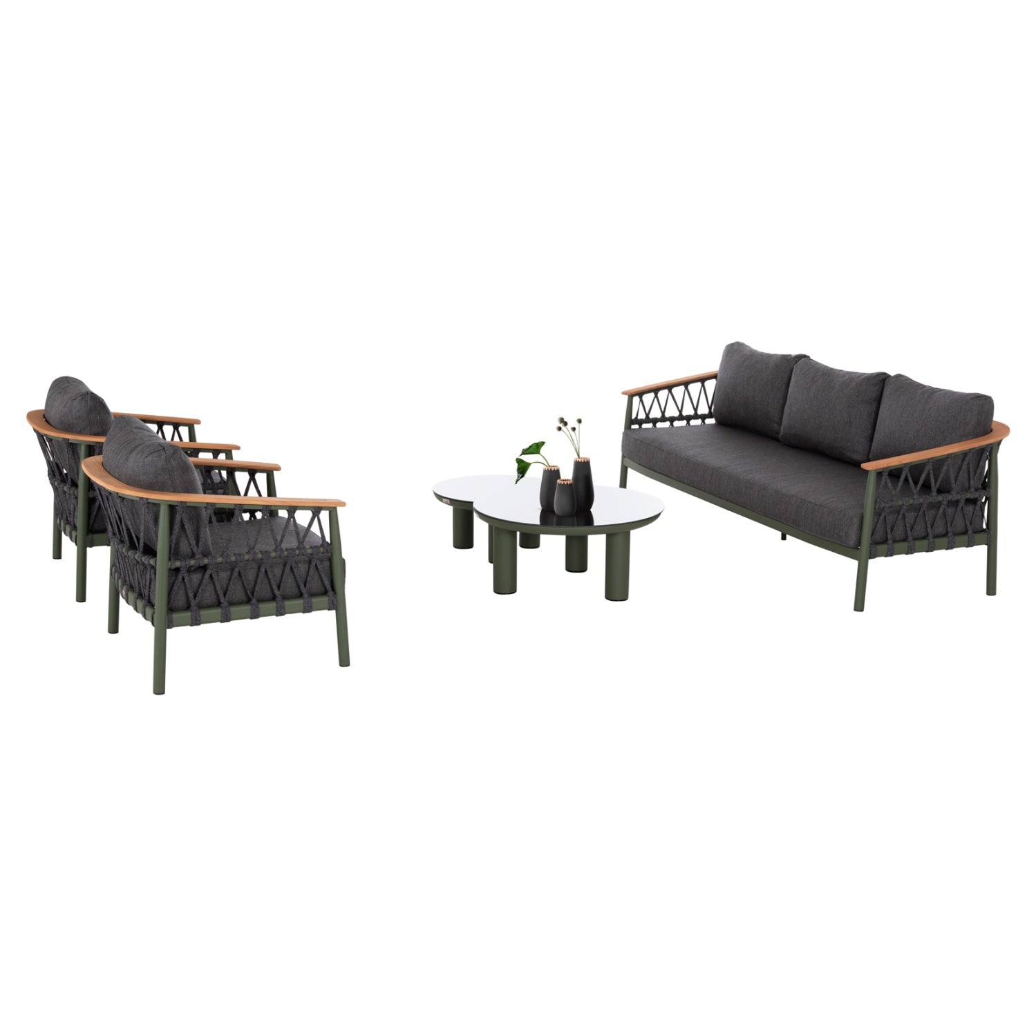 OUTDOOR LOUNGE SET 5PCS STREAM HM6426.07 ALUMINUM IN GREEN-DARK GREY STRAP ROPE & OLEFIN FABRIC