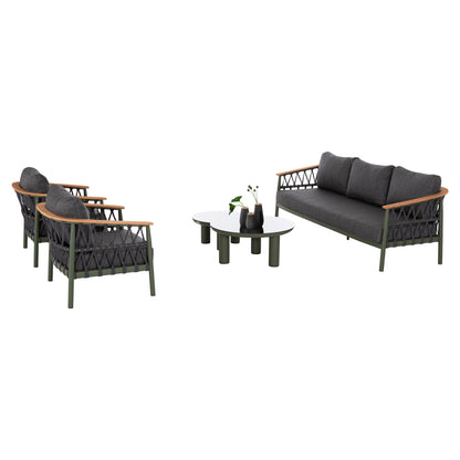 OUTDOOR LOUNGE SET 5PCS STREAM HM6426.07 ALUMINUM IN GREEN-DARK GREY STRAP ROPE & OLEFIN FABRIC