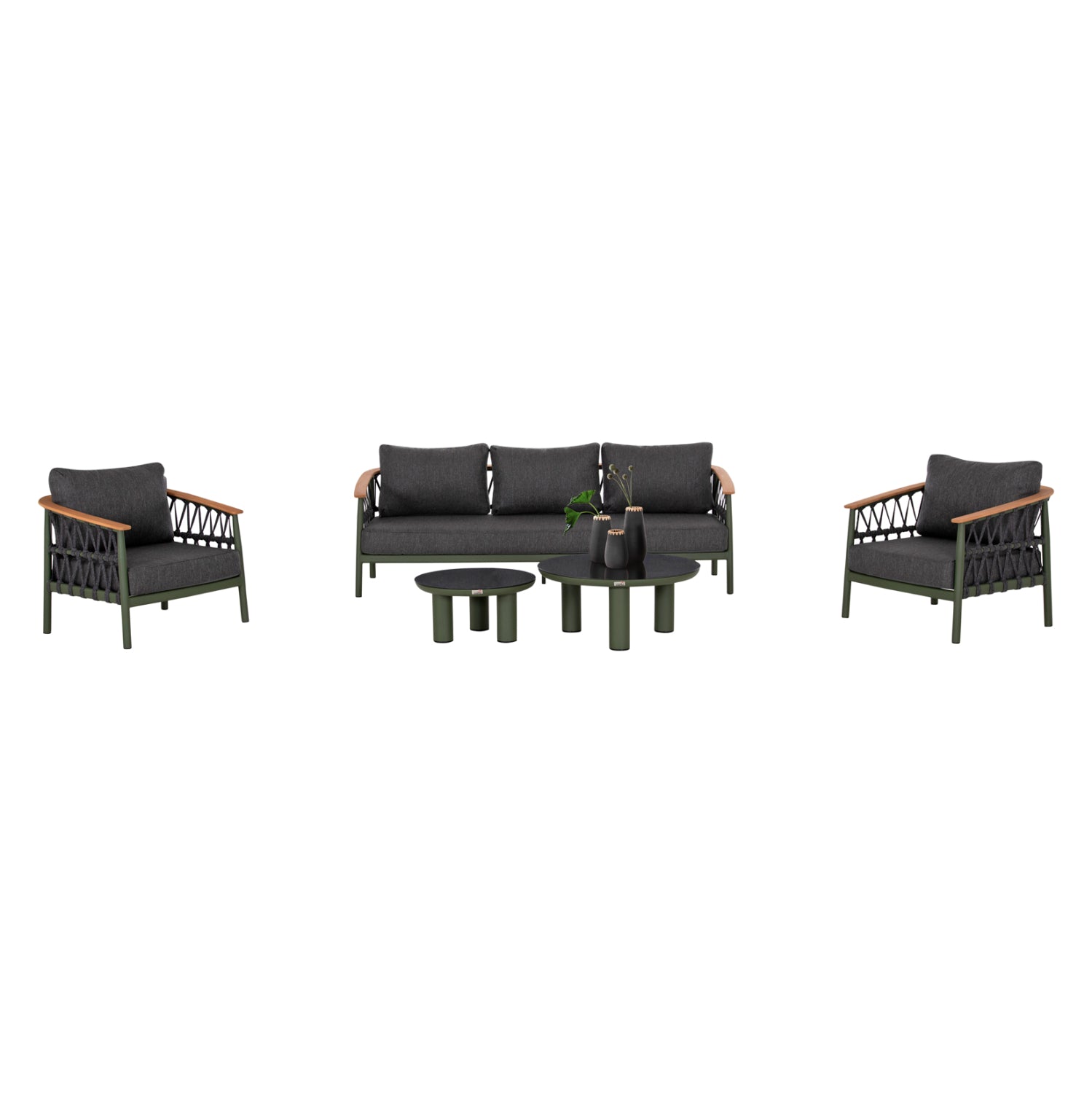 OUTDOOR LOUNGE SET 5PCS STREAM HM6426.07 ALUMINUM IN GREEN-DARK GREY STRAP ROPE & OLEFIN FABRIC