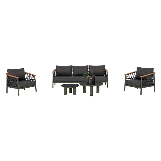 OUTDOOR LOUNGE SET 5PCS STREAM HM6426.07 ALUMINUM IN GREEN-DARK GREY STRAP ROPE & OLEFIN FABRIC