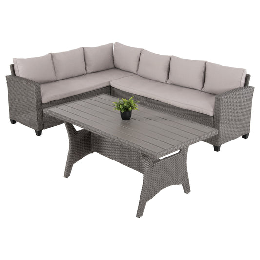 OUTDOOR LOUNGE SET CORNER SOFA&TABLE CARSON HM6078.01 GREY SYNTHETIC RATTAN-CUSHIONS-PS WOOD