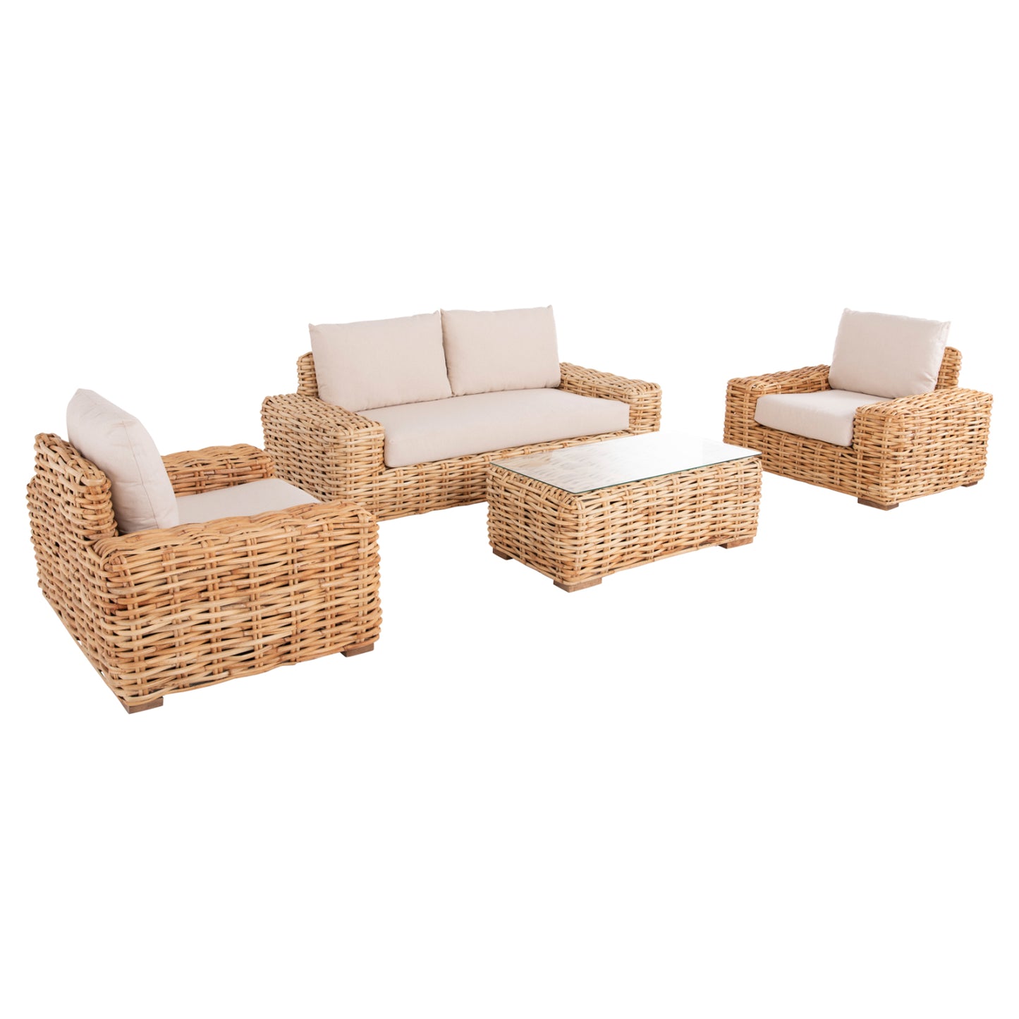 OUTDOOR LOUNGE SET 4PCS TROPEL HM11940 NATURAL RATTAN-2SEATER SOFA-2 ARMCHAIRS-COFFEE TABLE