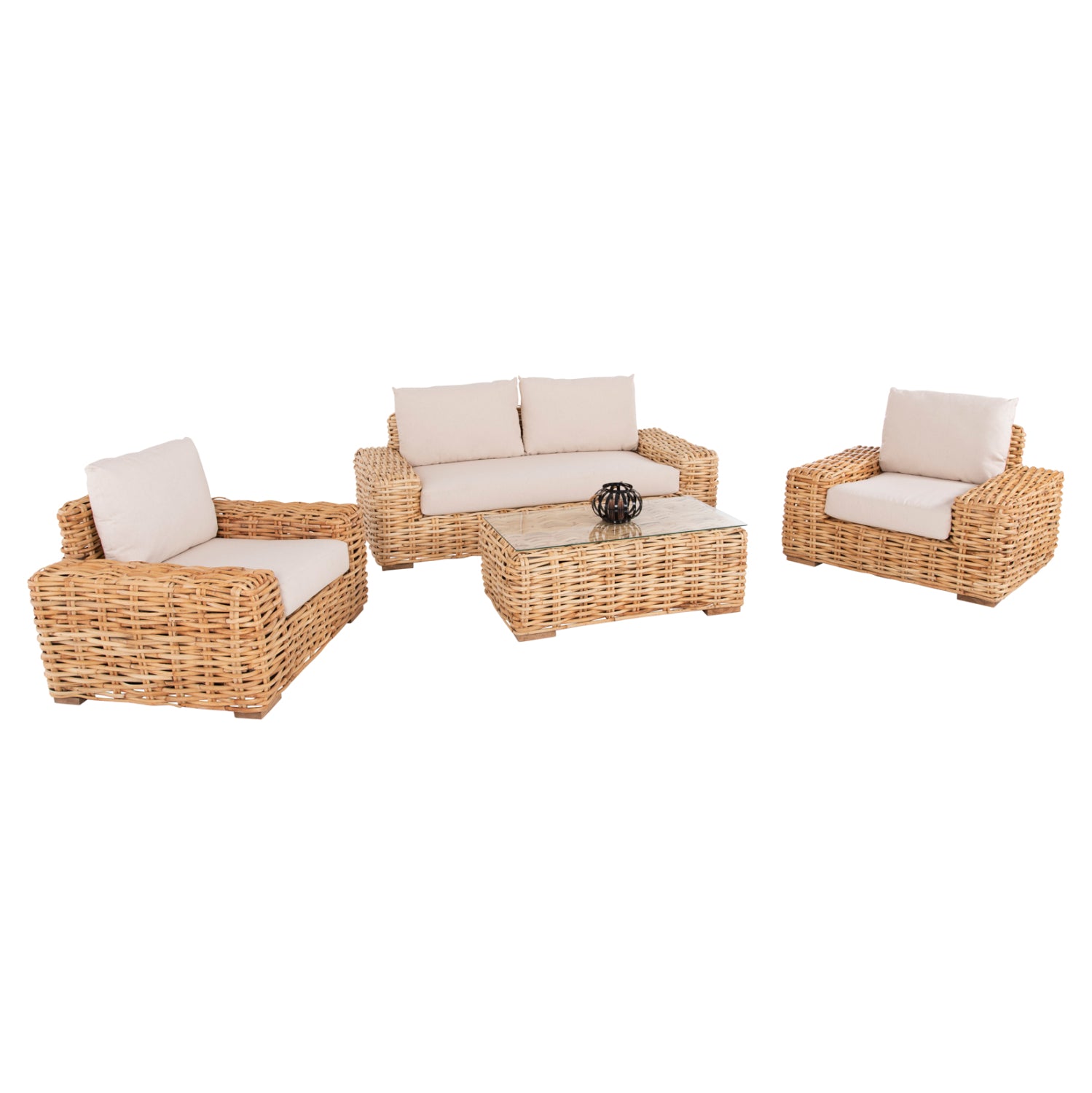 OUTDOOR LOUNGE SET 4PCS TROPEL HM11940 NATURAL RATTAN-2SEATER SOFA-2 ARMCHAIRS-COFFEE TABLE
