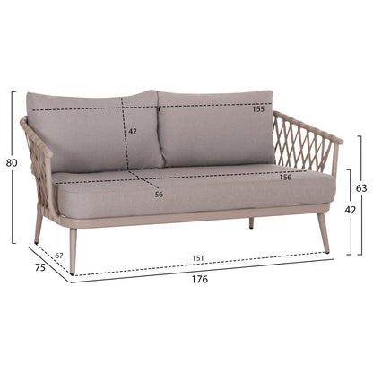 OUTDOOR LOUNGE SET 4-SEAT WILLA HM6505.02 ALUMINUM-ROPE IN BEIGE--CUSHIONS IN GREY