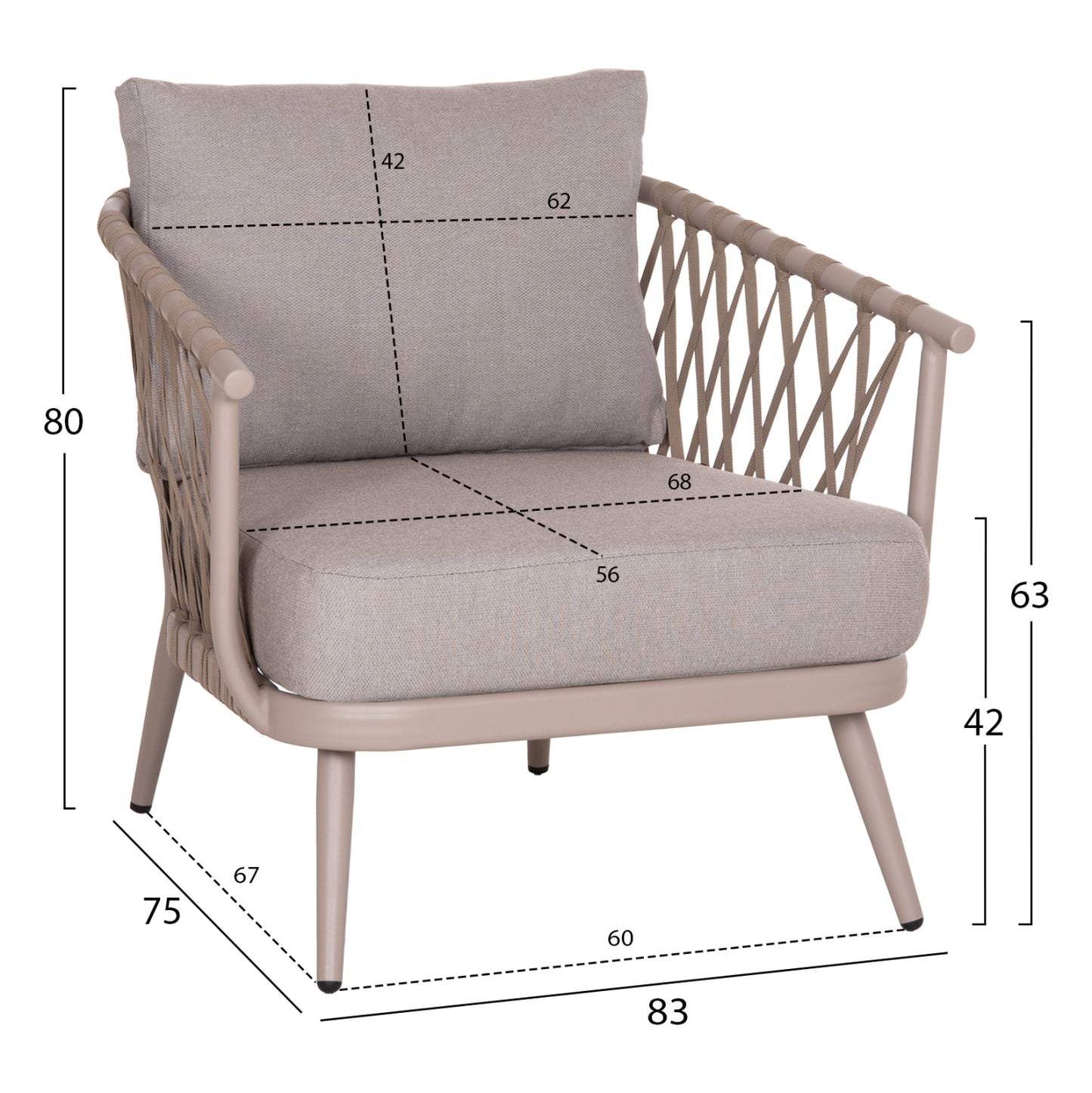 OUTDOOR LOUNGE SET 4-SEAT WILLA HM6505.02 ALUMINUM-ROPE IN BEIGE--CUSHIONS IN GREY