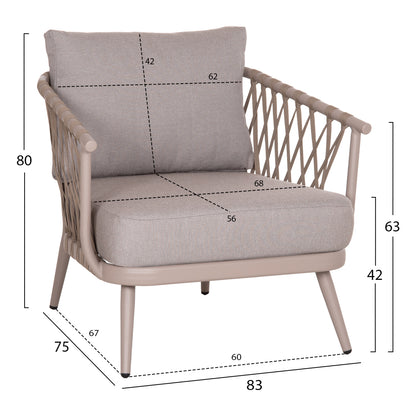OUTDOOR LOUNGE SET 4-SEAT WILLA HM6505.02 ALUMINUM-ROPE IN BEIGE--CUSHIONS IN GREY