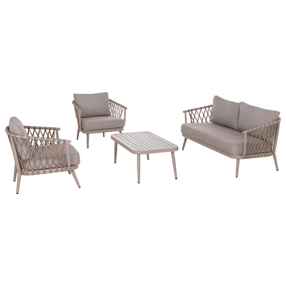 OUTDOOR LOUNGE SET 4-SEAT WILLA HM6505.02 ALUMINUM-ROPE IN BEIGE--CUSHIONS IN GREY