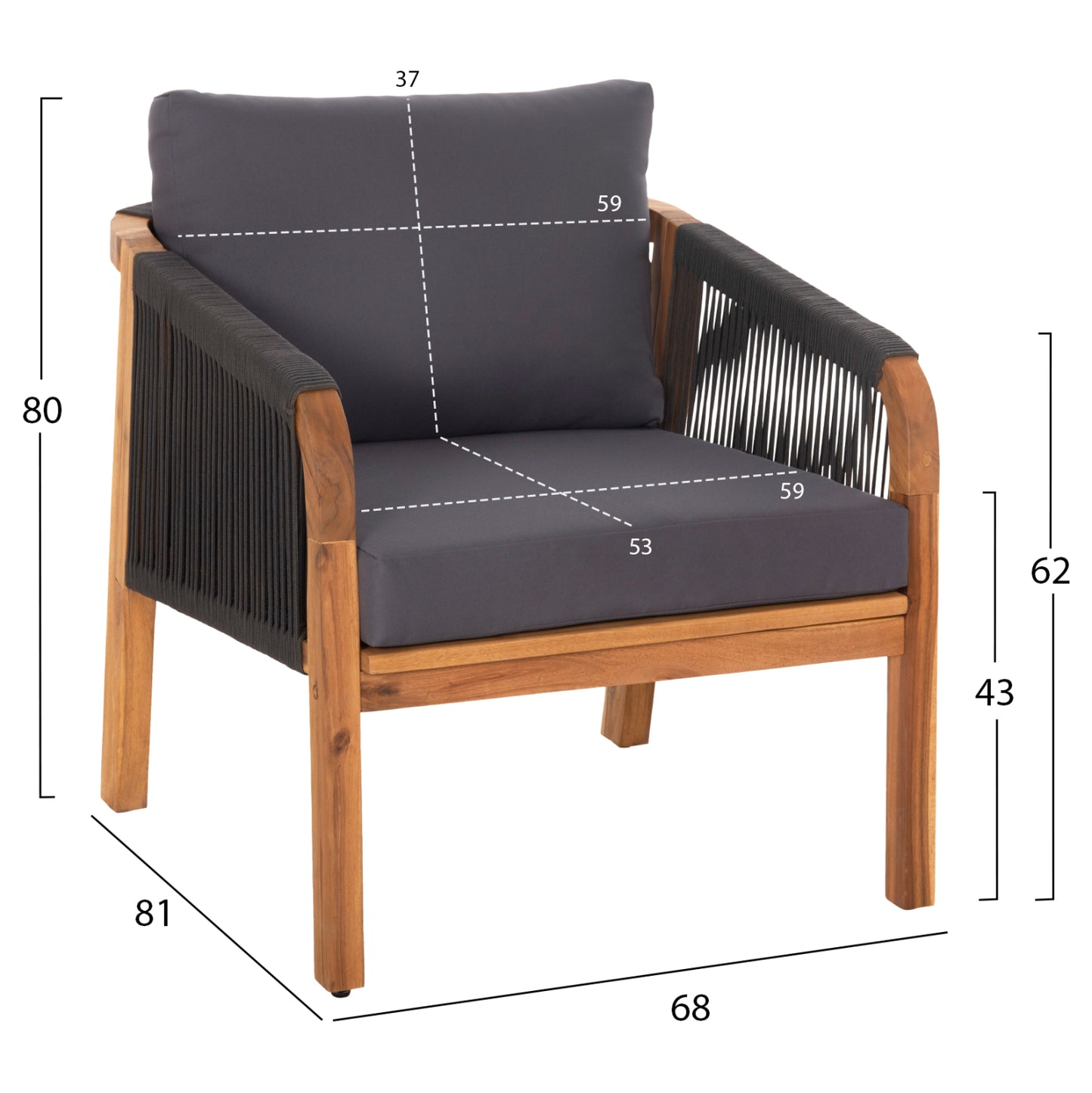 OUTDOOR LOUNGE SET 4PCS ROSSWELL HM6084.01 ACACIA WOOD-ROUND ROPE & CUSHIONS IN ANTHRACITE