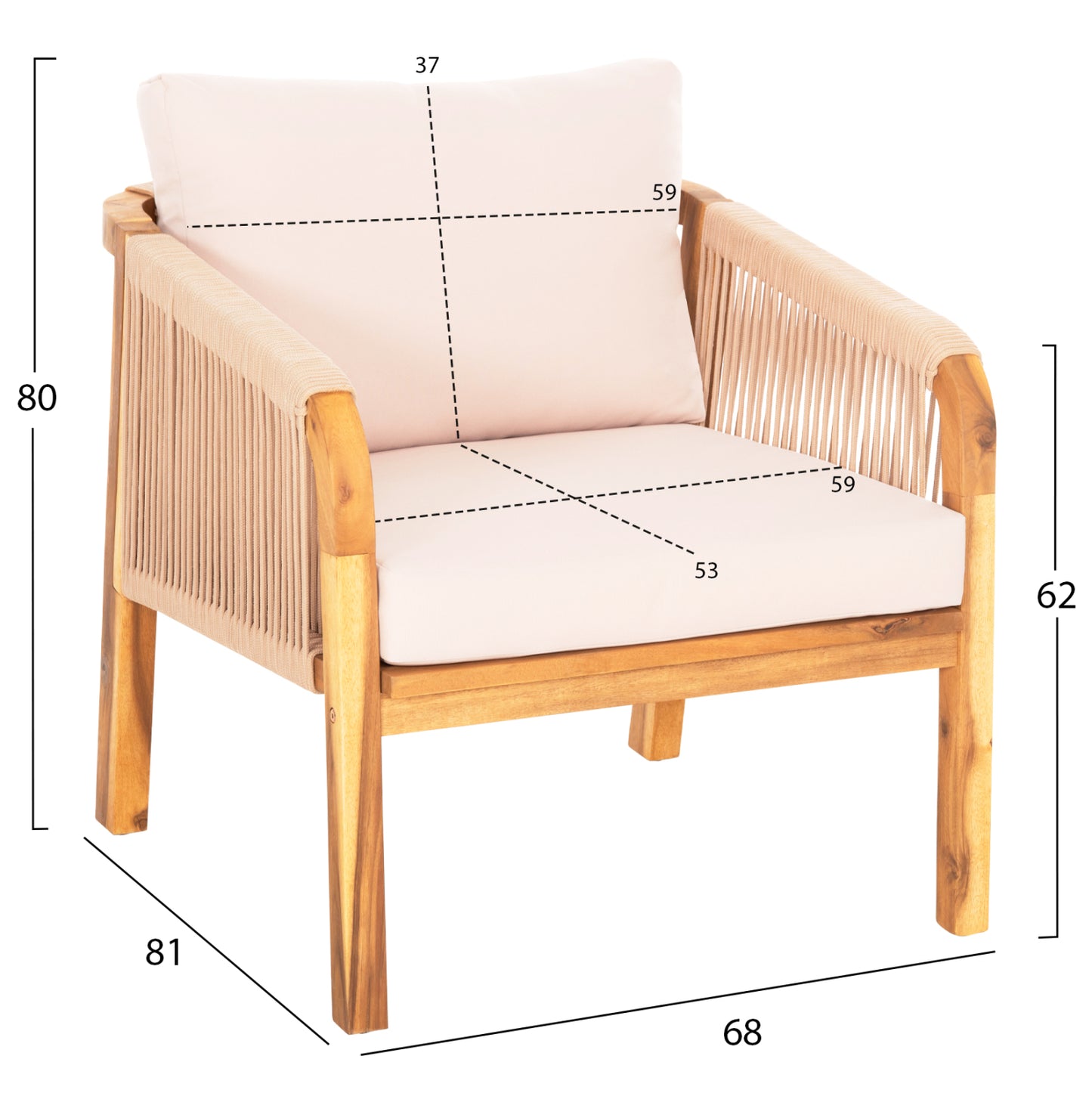 OUTDOOR LOUNGE SET 4PCS ROSSWELL HM6084.02 ACACIA WOOD-ROUND ROPE-BEIGE CUSHIONS