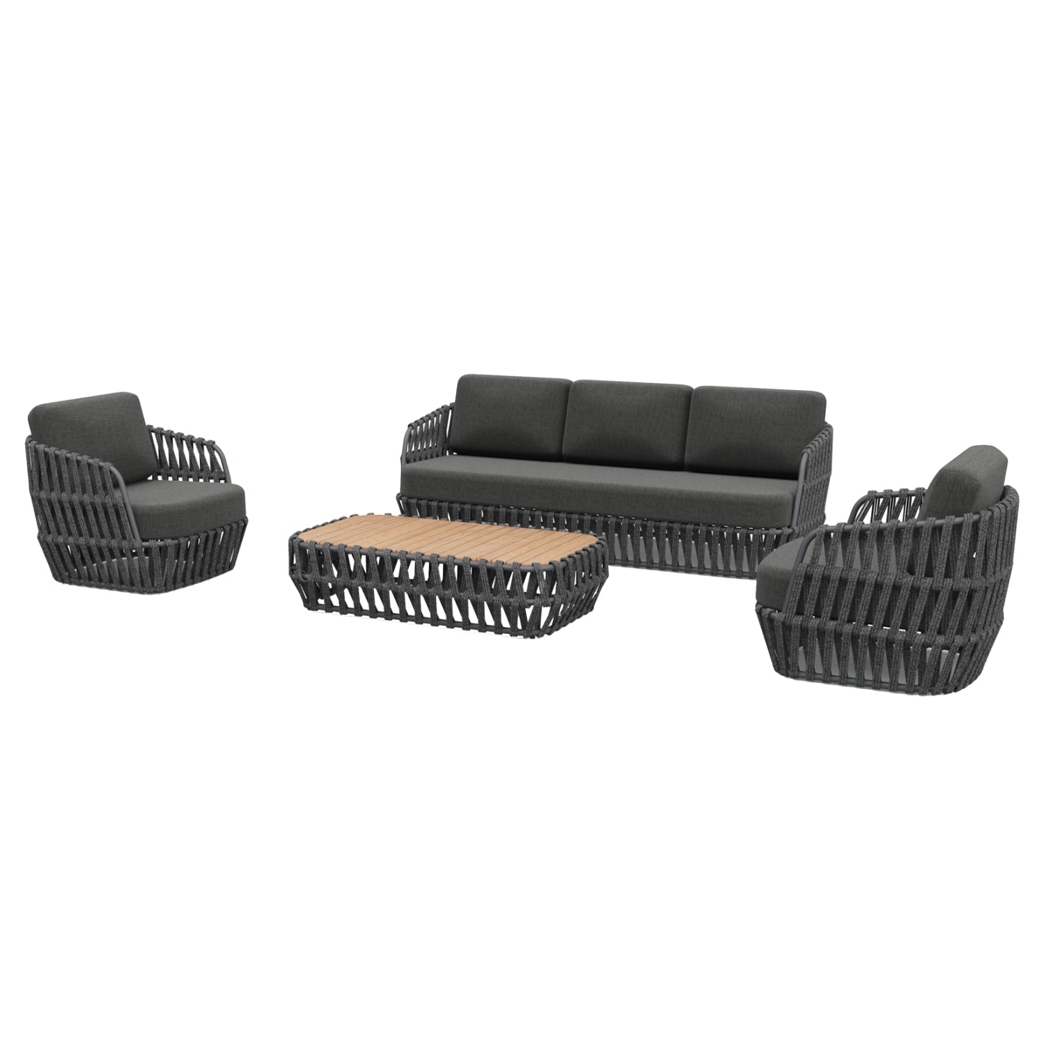 OUTDOOR LOUNGE SET 4PCS SABO HM6208.01 DARK GREY ALUMINUM-P.E.ROPE-OLEFIN FABRIC-TEAK WOOD IN NATURAL