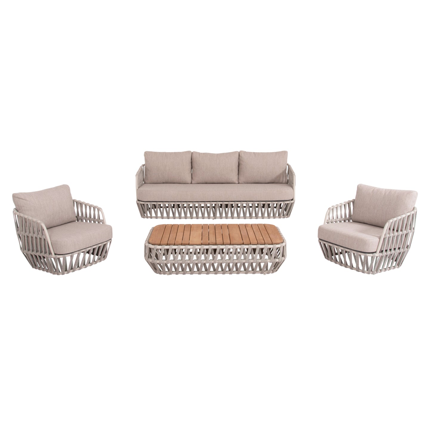 OUTDOOR LOUNGE SET 4PCS SABO HM6208.02 CREAM WHITE ALUMINUM-BEIGE P.E.ROPE & OLEFIN FABRIC-TEAK WOOD IN NATURAL