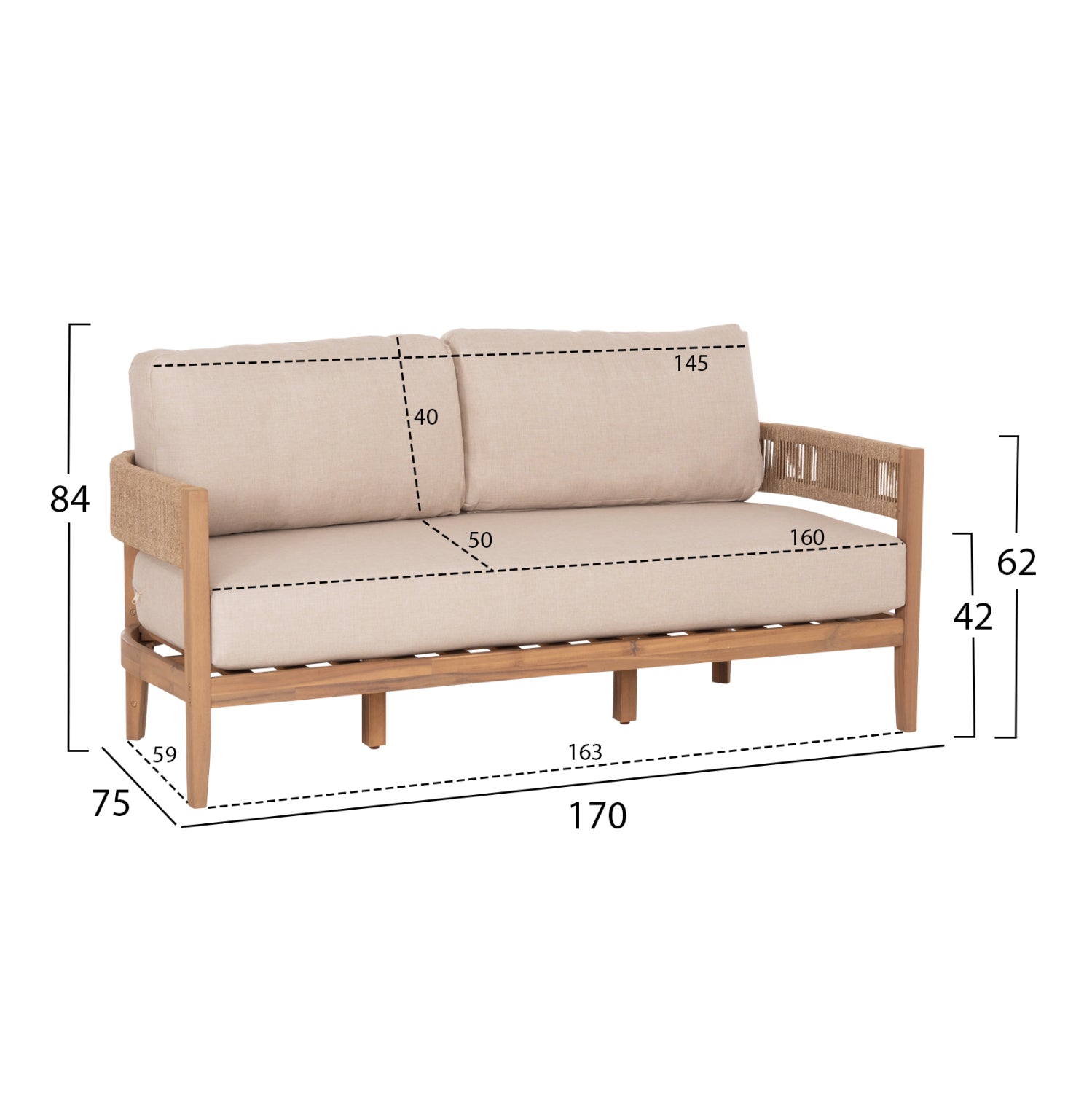 OUTDOOR LOUNGE SET 4PCS SOLACE HM6261 ACACIA WOOD--ROPE--ECRU FABRIC