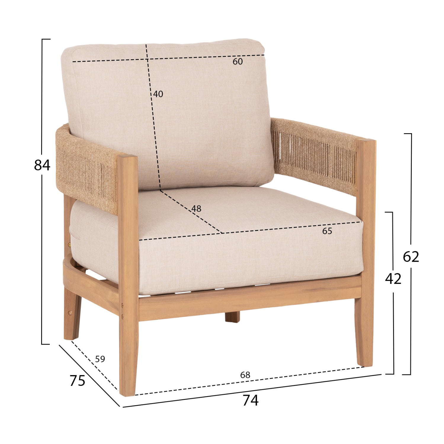 OUTDOOR LOUNGE SET 4PCS SOLACE HM6261 ACACIA WOOD--ROPE--ECRU FABRIC