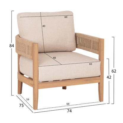 OUTDOOR LOUNGE SET 4PCS SOLACE HM6261 ACACIA WOOD--ROPE--ECRU FABRIC
