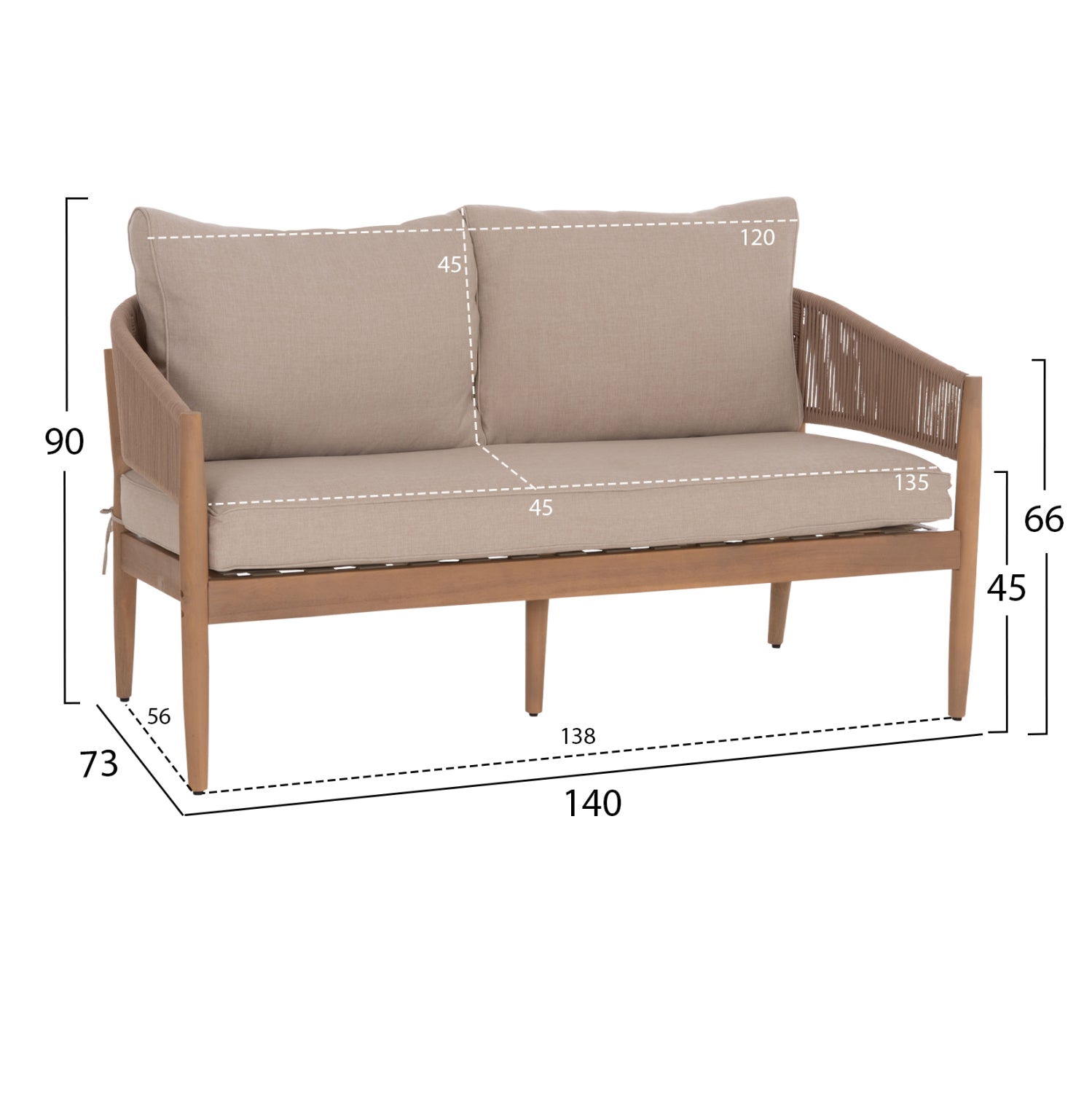 OUTDOOR LOUNGE SET 4PCS KANU HM6416 ACACIA WOOD-METAL FRAME-ROPE -- BEIGE