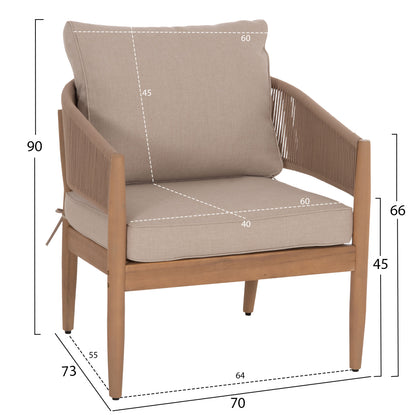OUTDOOR LOUNGE SET 4PCS KANU HM6416 ACACIA WOOD-METAL FRAME-ROPE -- BEIGE