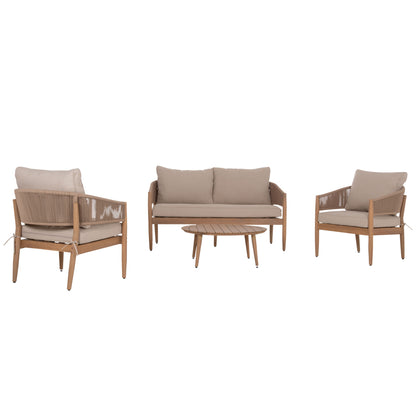 OUTDOOR LOUNGE SET 4PCS KANU HM6416 ACACIA WOOD-METAL FRAME-ROPE -- BEIGE