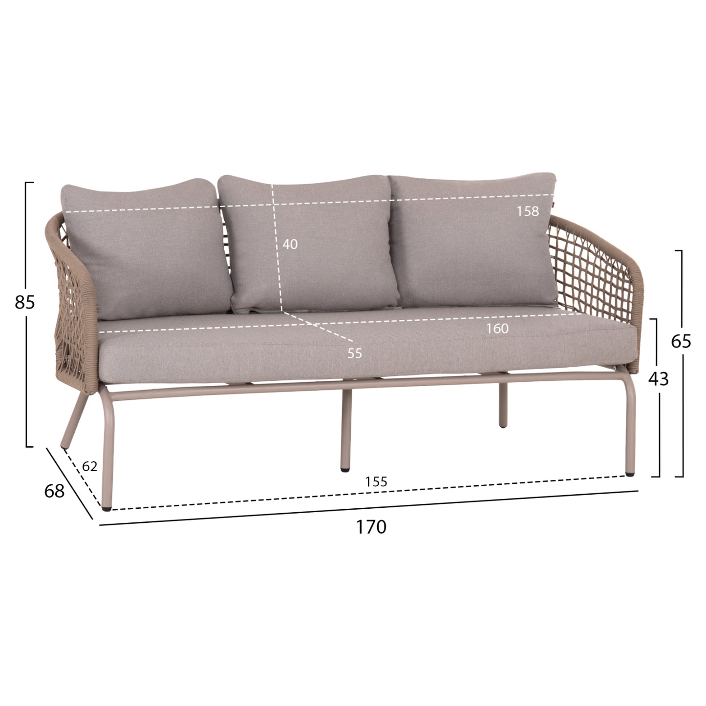 OUTDOOR LOUNGE SET 5-SEAT ELOWEN HM6508.02 ALUMINUM-ROPE IN BEIGE--CUSHIONS IN GREY