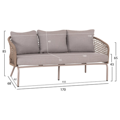 OUTDOOR LOUNGE SET 5-SEAT ELOWEN HM6508.02 ALUMINUM-ROPE IN BEIGE--CUSHIONS IN GREY