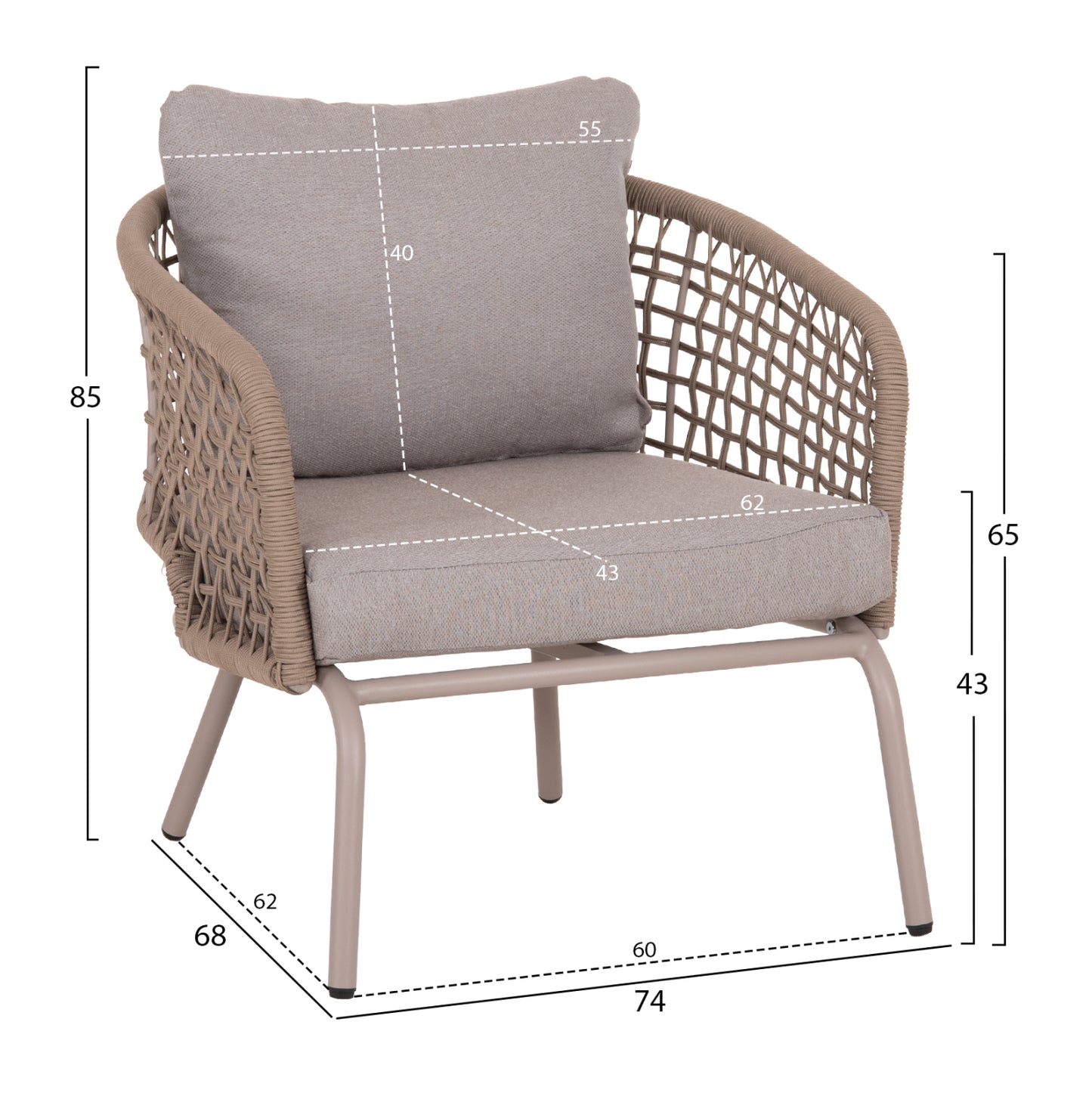 OUTDOOR LOUNGE SET 5-SEAT ELOWEN HM6508.02 ALUMINUM-ROPE IN BEIGE--CUSHIONS IN GREY