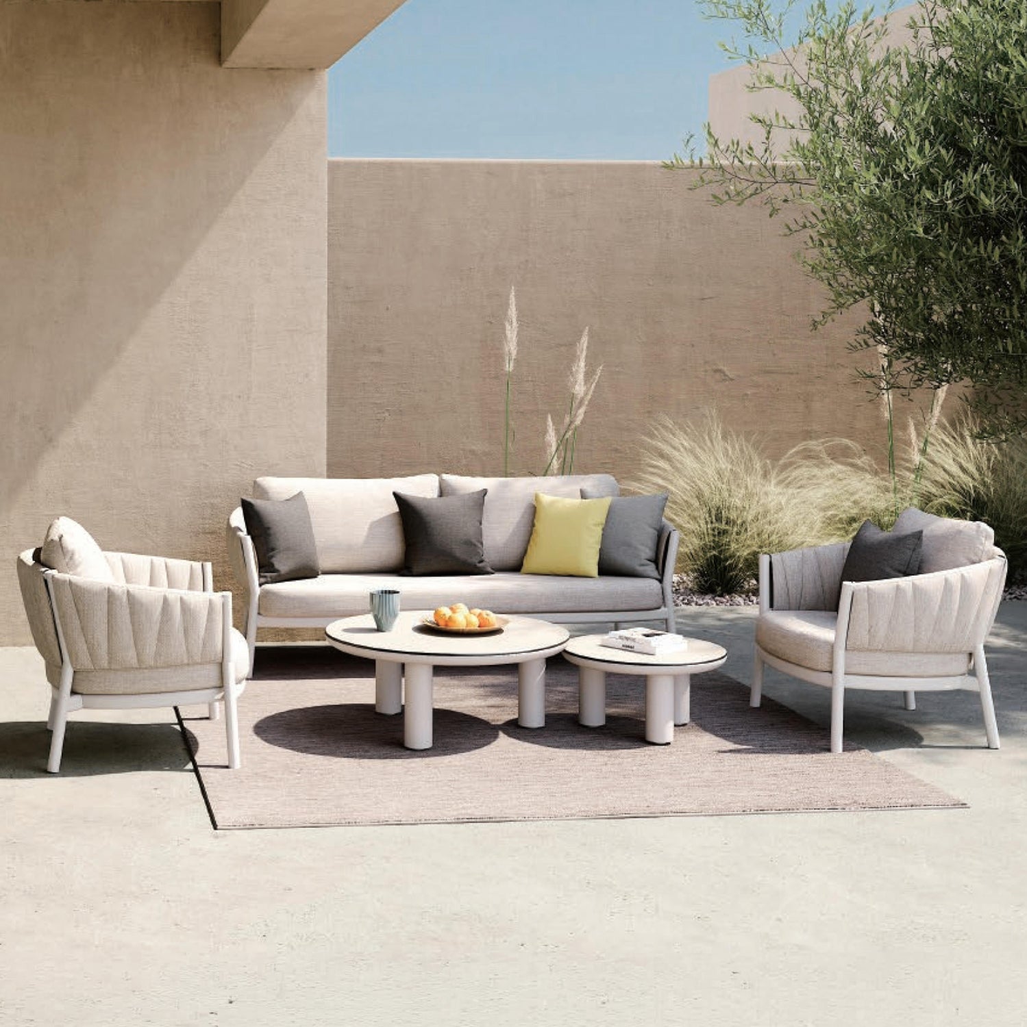 OUTDOOR LOUNGE SET 5PCS SHANKS HM6206.02 CREAM WHITE ALUMINUM-OLEFIN BEIGE FABRIC-3D PRINT GLASS