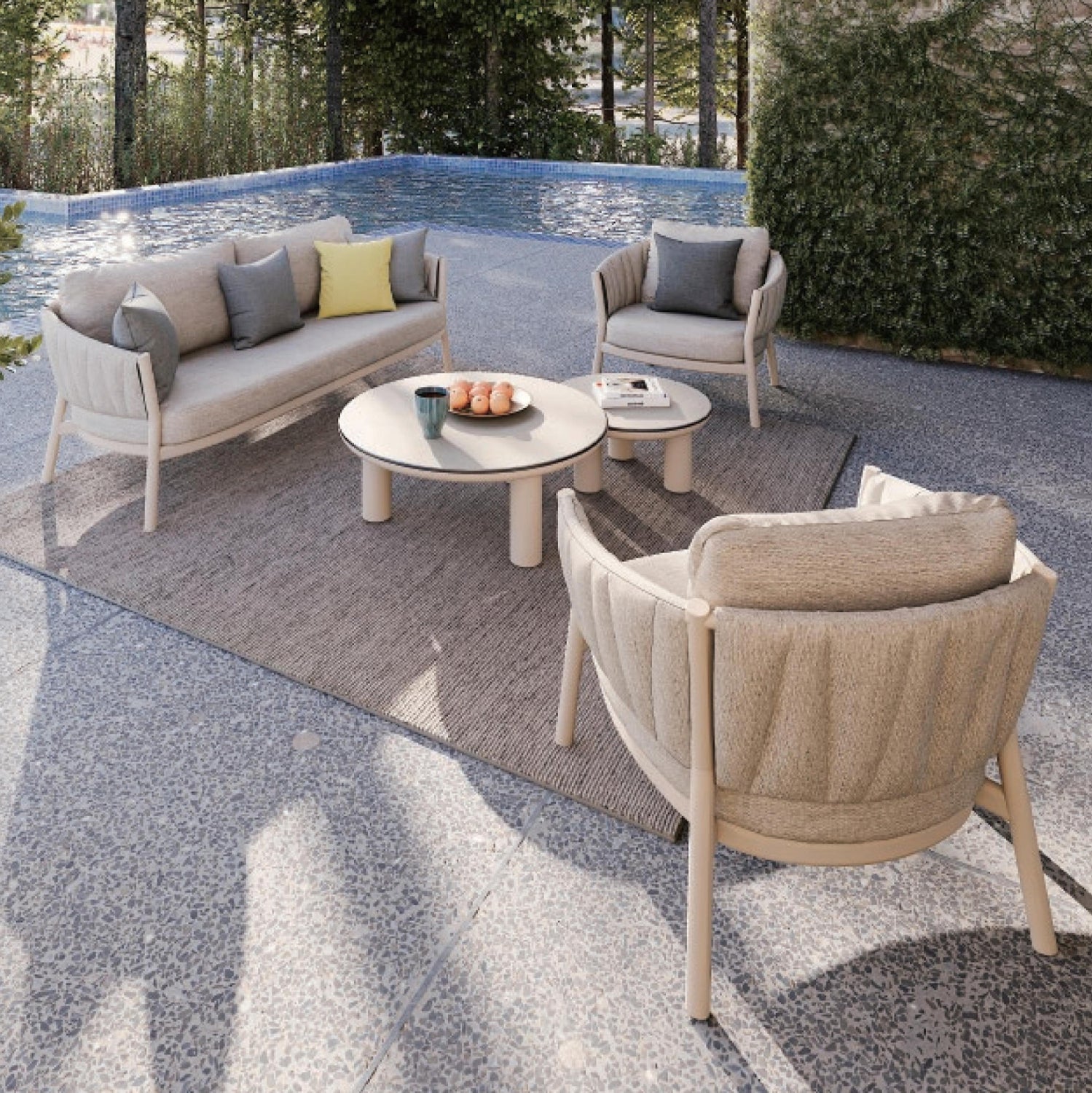 OUTDOOR LOUNGE SET 5PCS SHANKS HM6206.02 CREAM WHITE ALUMINUM-OLEFIN BEIGE FABRIC-3D PRINT GLASS