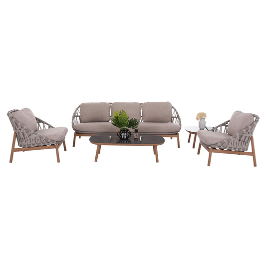 OUTDOOR LOUNGE SET 5PCS KROM HM6360.02 ALUMINUM--STRAP ROPE--3D PRINTED GLASS TOP