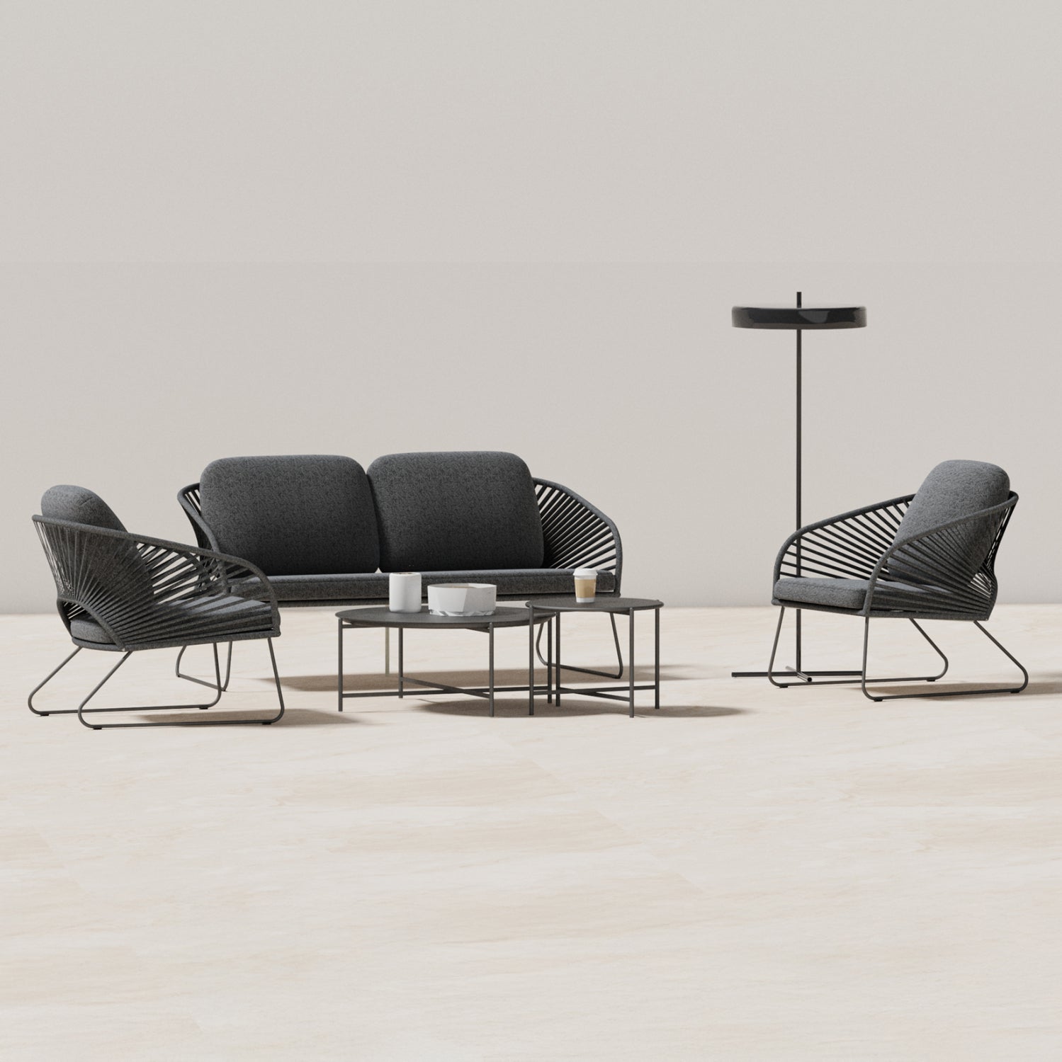 OUTDOOR LOUNGE SET 5PCS VERMONT HM6504.01 METAL-ROPE-GLASS--GREY COLOR
