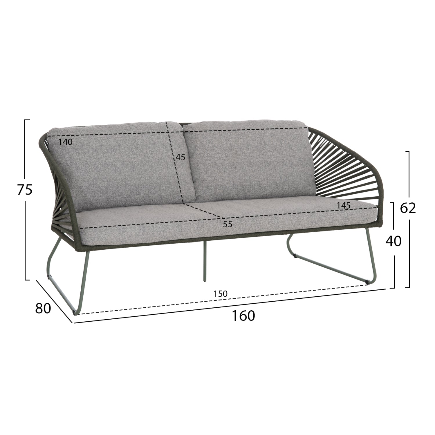 OUTDOOR LOUNGE SET 5PCS VERMONT HM6504.07 METAL-ROPE-GLASS--GREEN COLOR