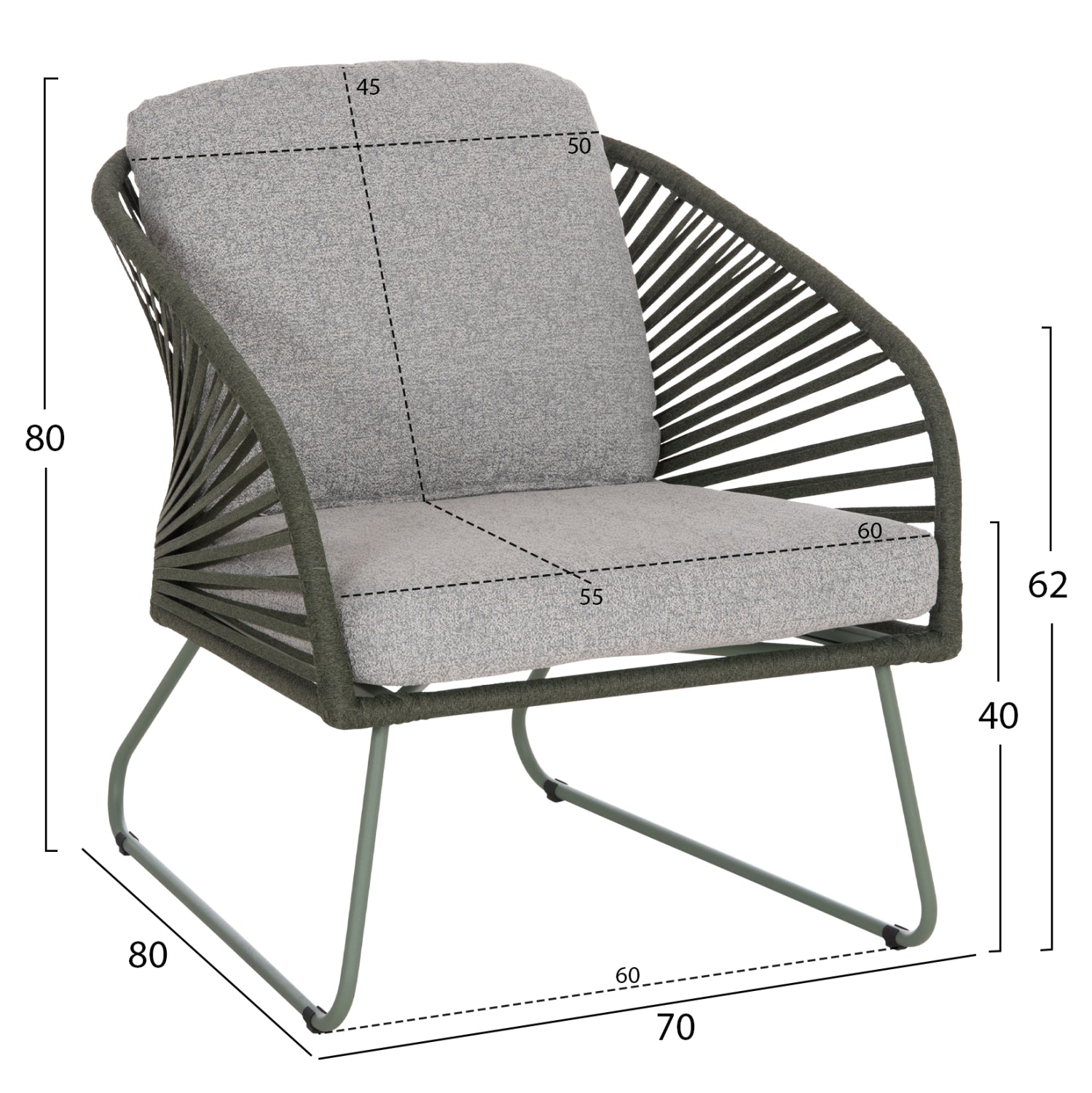 OUTDOOR LOUNGE SET 5PCS VERMONT HM6504.07 METAL-ROPE-GLASS--GREEN COLOR