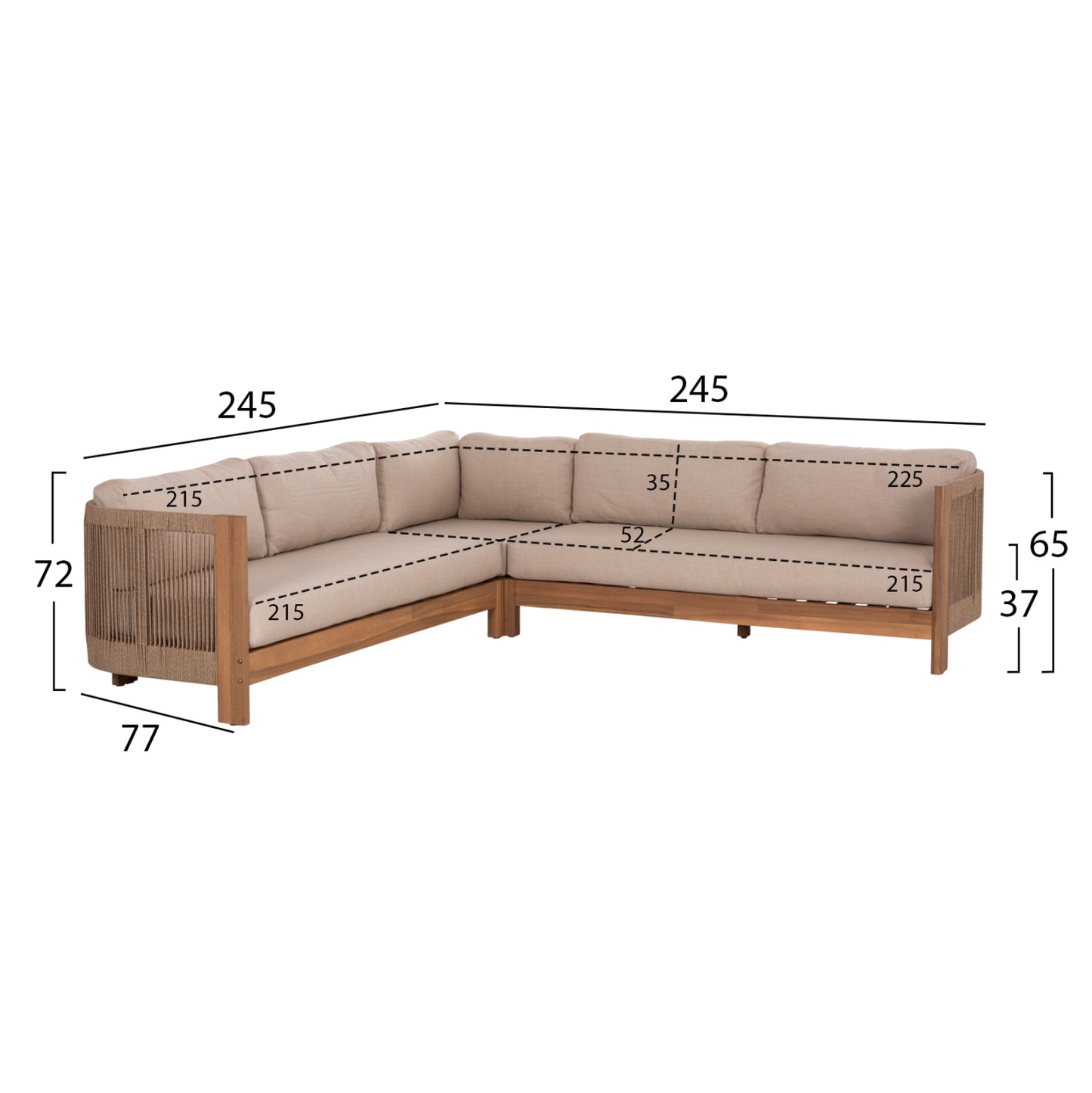 OUTDOOR CORNER LOUNGE SET 4PCS SERIES ODYSSEY HM6249 ACACIA WOOD-ROPE-BEIGE FABRIC