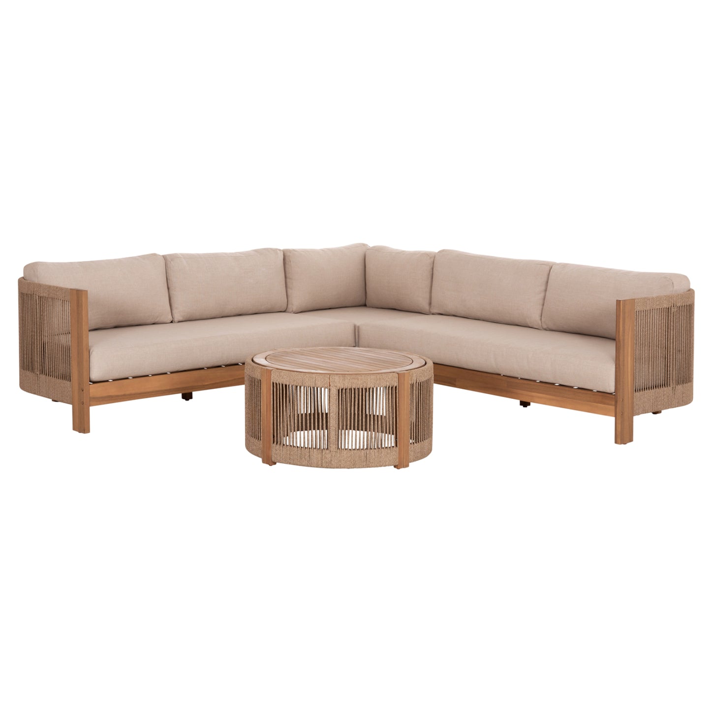 OUTDOOR CORNER LOUNGE SET 4PCS SERIES ODYSSEY HM6249 ACACIA WOOD-ROPE-BEIGE FABRIC