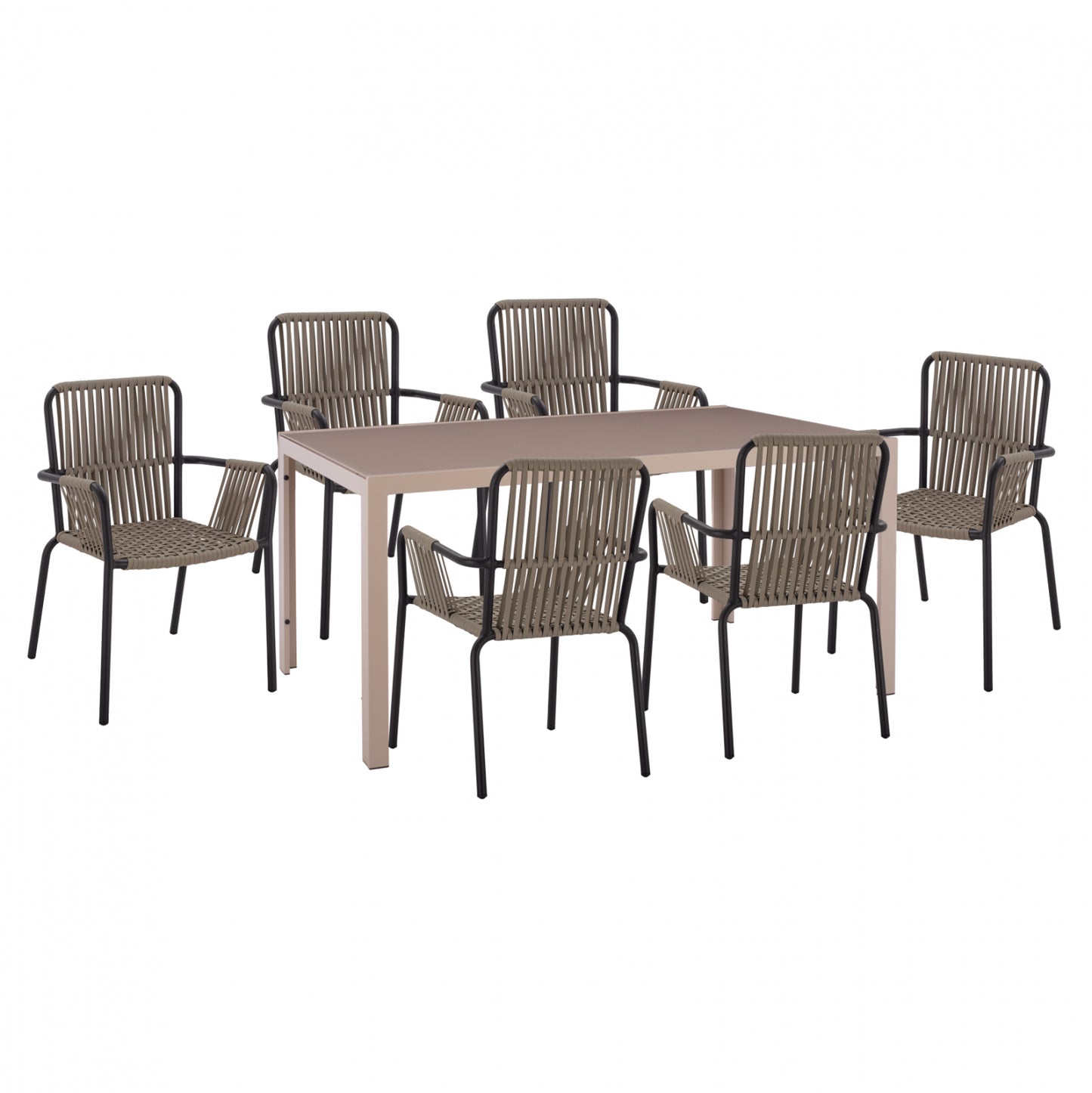 DINING SET 7PCS CAPPUCCINO TABLE 150x90 & CHARCOAL GREY ARMCHAIRS WITH ROPE HM11501