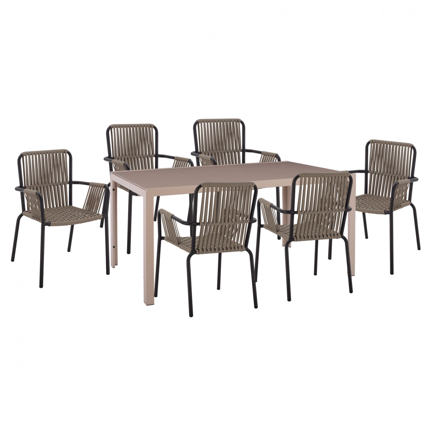 DINING SET 7PCS CAPPUCCINO TABLE 150x90 & CHARCOAL GREY ARMCHAIRS WITH ROPE HM11501