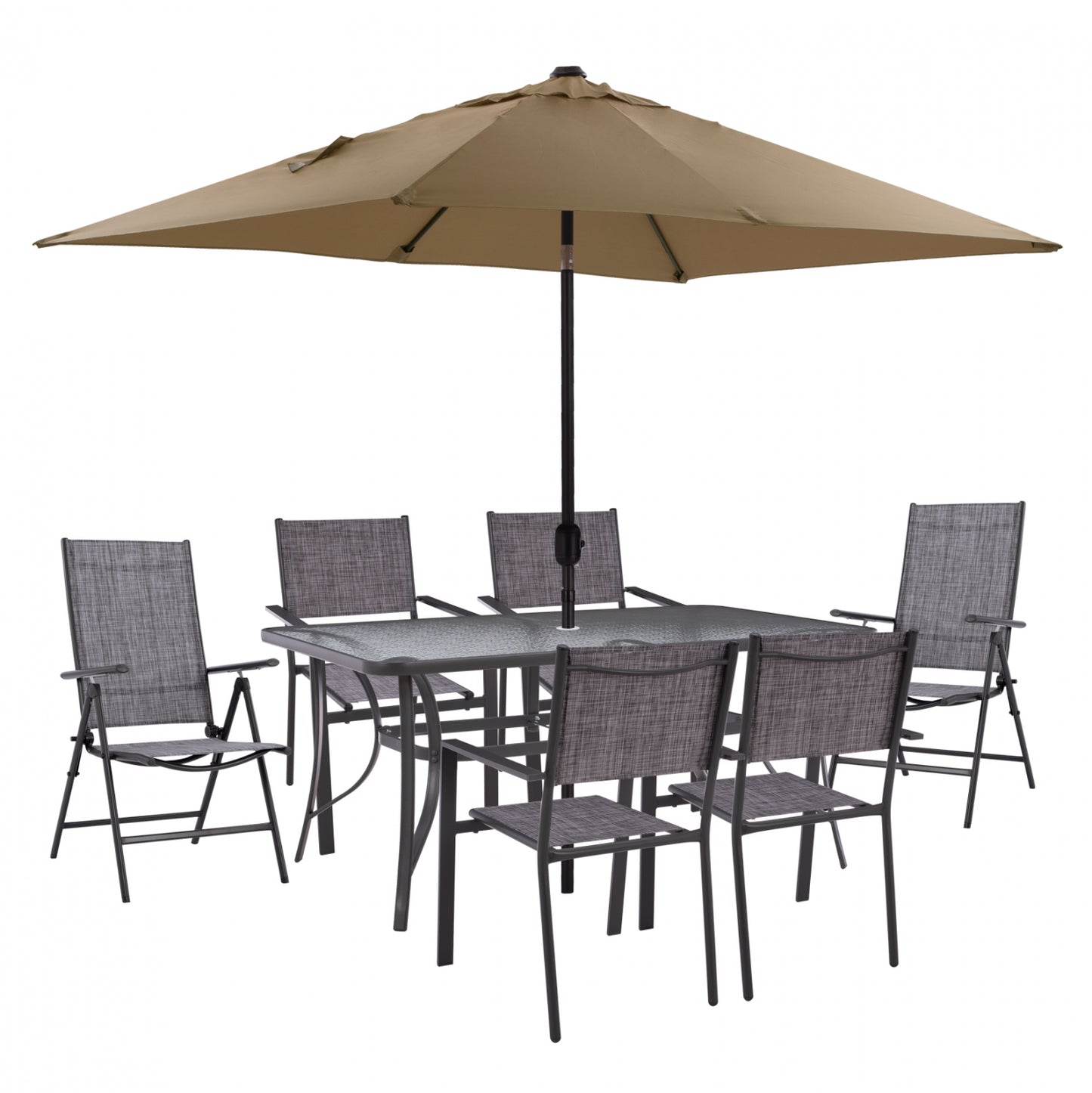 DINING SET TABLE WITH MOCHA UMBRELLA & FOLDABLE TEXTILINE ARMCHAIRS GRAY HM11483