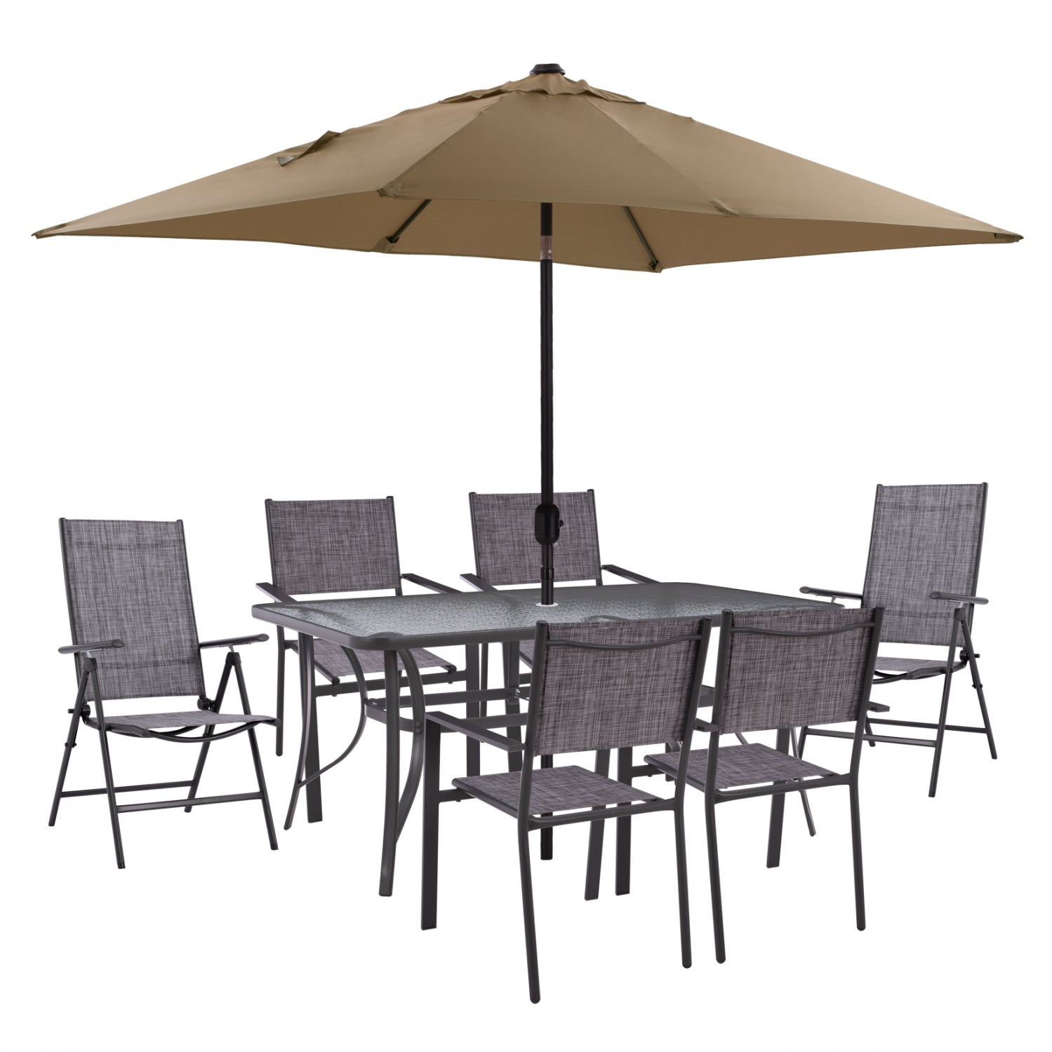 DINING SET TABLE WITH MOCHA UMBRELLA & FOLDABLE TEXTILINE ARMCHAIRS GRAY HM11483