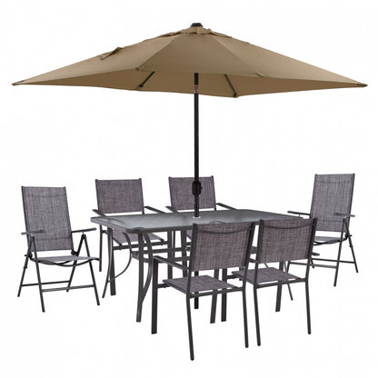 DINING SET TABLE WITH MOCHA UMBRELLA & FOLDABLE TEXTILINE ARMCHAIRS GRAY HM11483