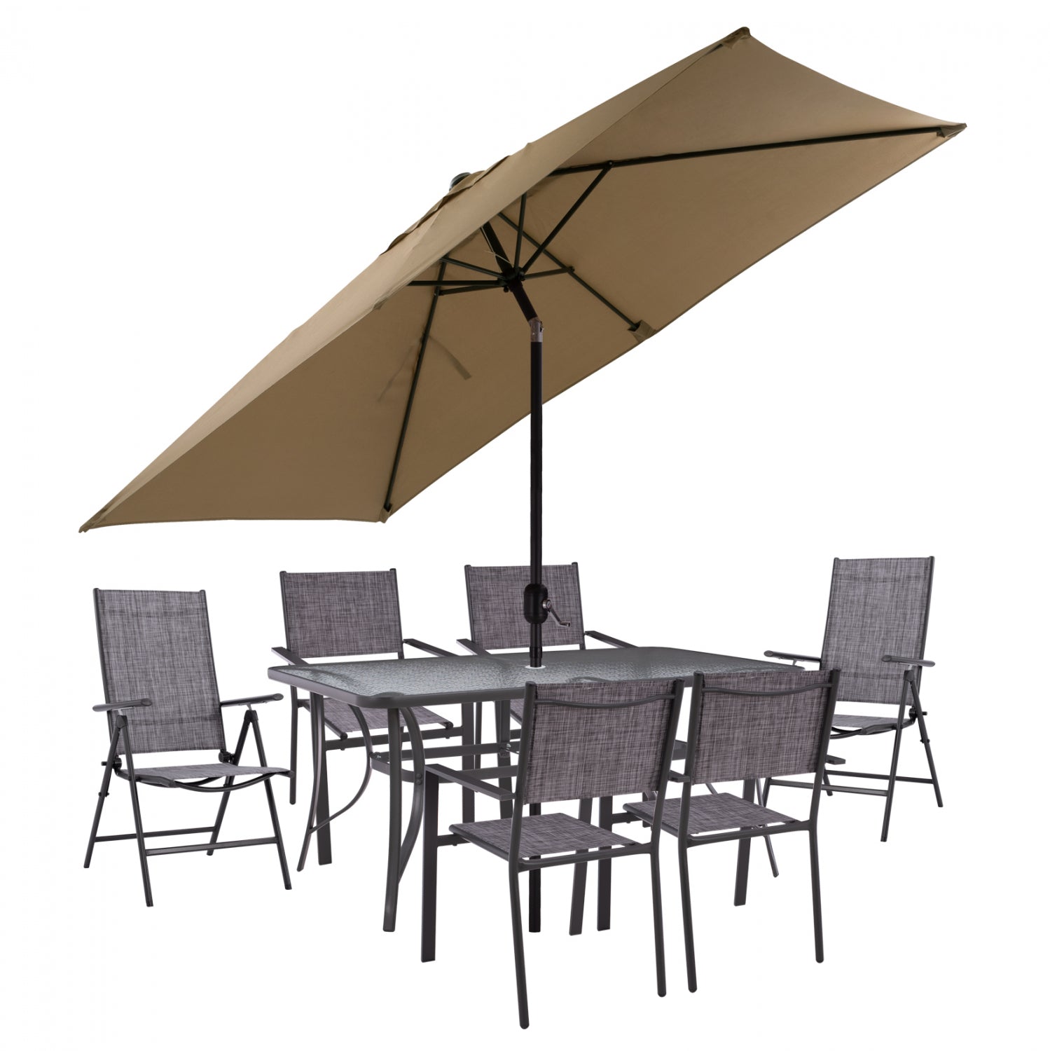 DINING SET TABLE WITH MOCHA UMBRELLA & FOLDABLE TEXTILINE ARMCHAIRS GRAY HM11483