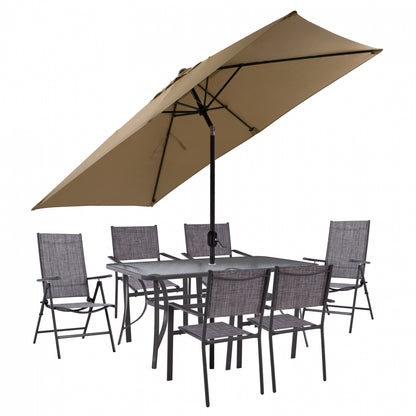 DINING SET TABLE WITH MOCHA UMBRELLA & FOLDABLE TEXTILINE ARMCHAIRS GRAY HM11483