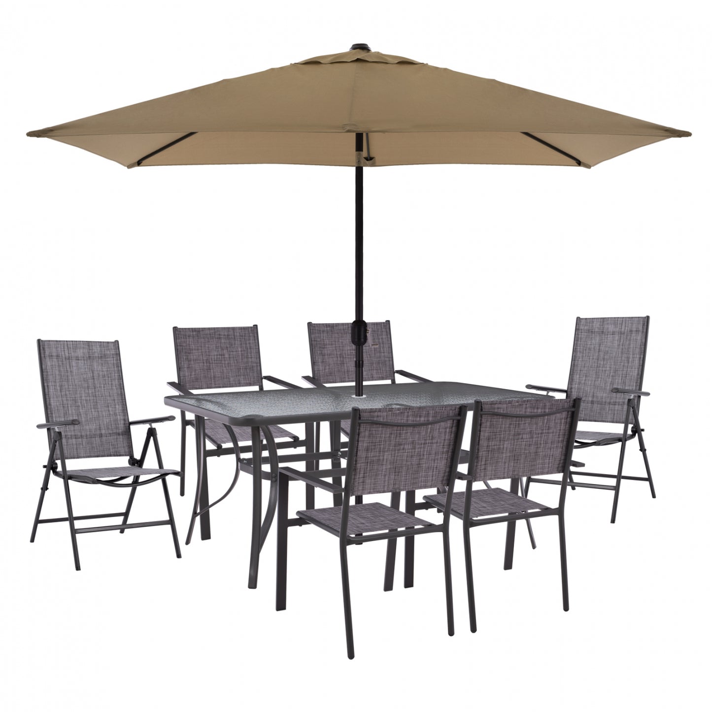 DINING SET TABLE WITH MOCHA UMBRELLA & FOLDABLE TEXTILINE ARMCHAIRS GRAY HM11483