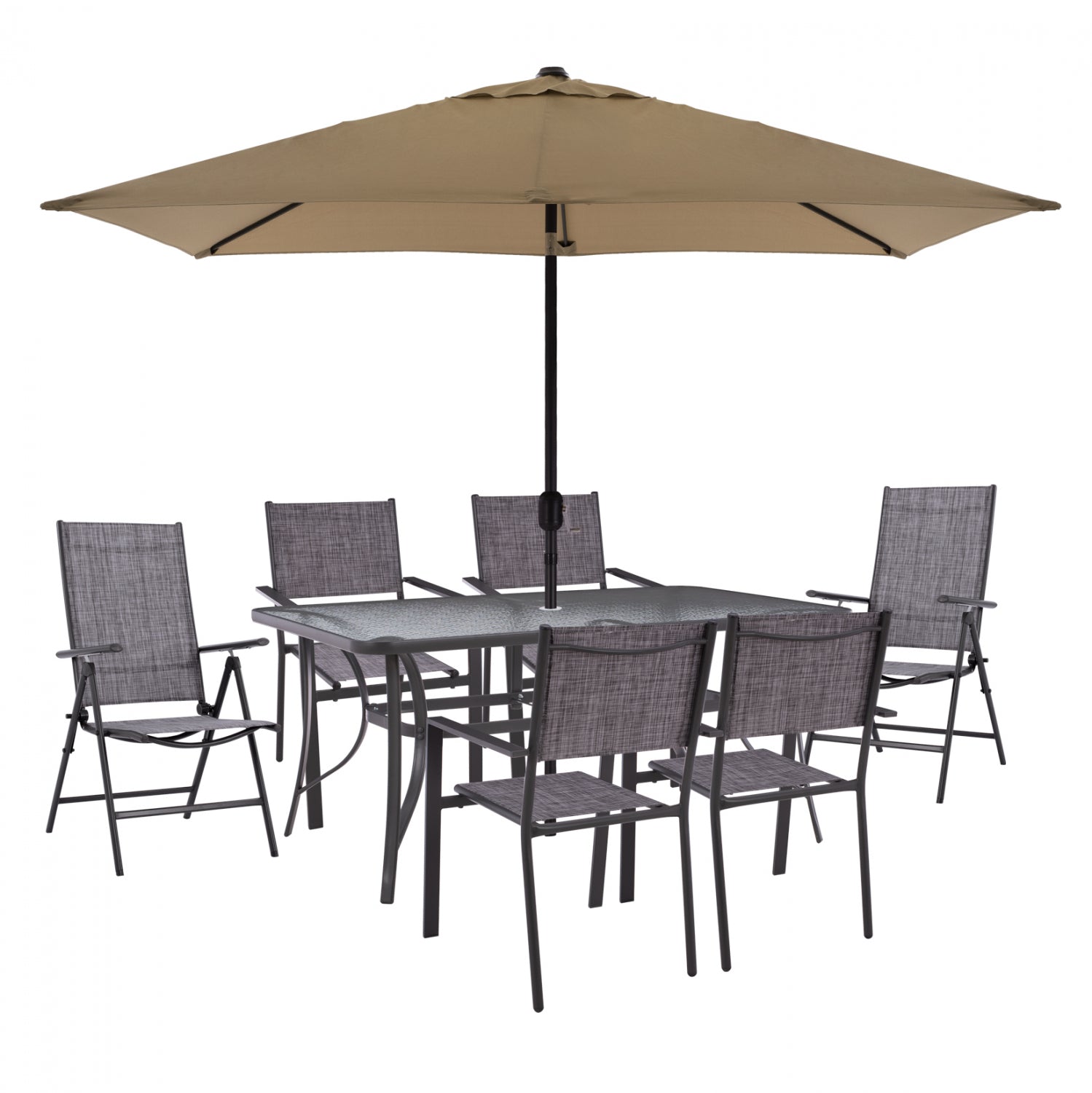 DINING SET TABLE WITH MOCHA UMBRELLA & FOLDABLE TEXTILINE ARMCHAIRS GRAY HM11483