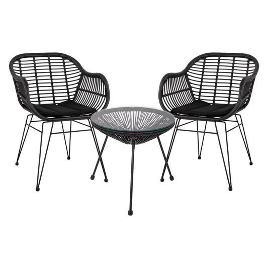 OUTDOOR LOUNGE SET HM11871 3PCS METAL & RATTAN IN BLACK COLOR