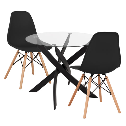 DINING SET 3PCS JAFARU HM21382 ROUND TABLE & 2 DINING CHAIRS IN BLACK