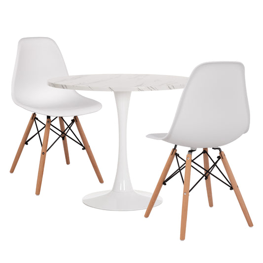 DINING SET 3PCS ROLLO HM21388 ROUND TABLE--2 DINING CHAIRS IN WHITE