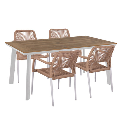 OUTDOOR DINING SET 5PCS TABER HM10824.01 ALUMINUM IN WHITE--POLYWOOD--P.E.ROPE IN BEIGE