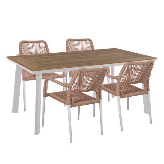 OUTDOOR DINING SET 5PCS TABER HM10824.01 ALUMINUM IN WHITE--POLYWOOD--P.E.ROPE IN BEIGE