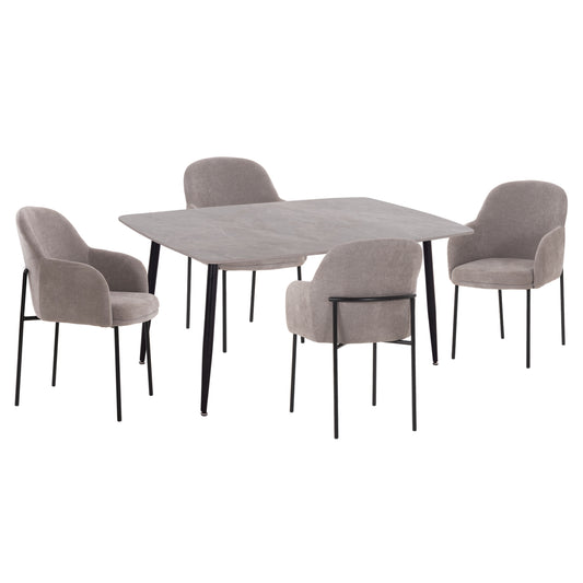 DINING SET 5PCS MANIDO HM10950.01 CERAMIC TOP--FABRIC IN GREY & BLACK METAL LEGS